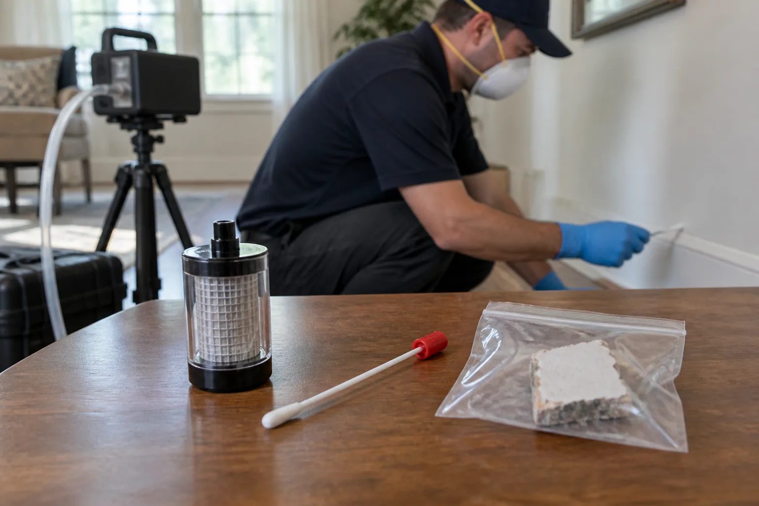 Air cassette, surface swab, and bulk material sample tools prepared separately