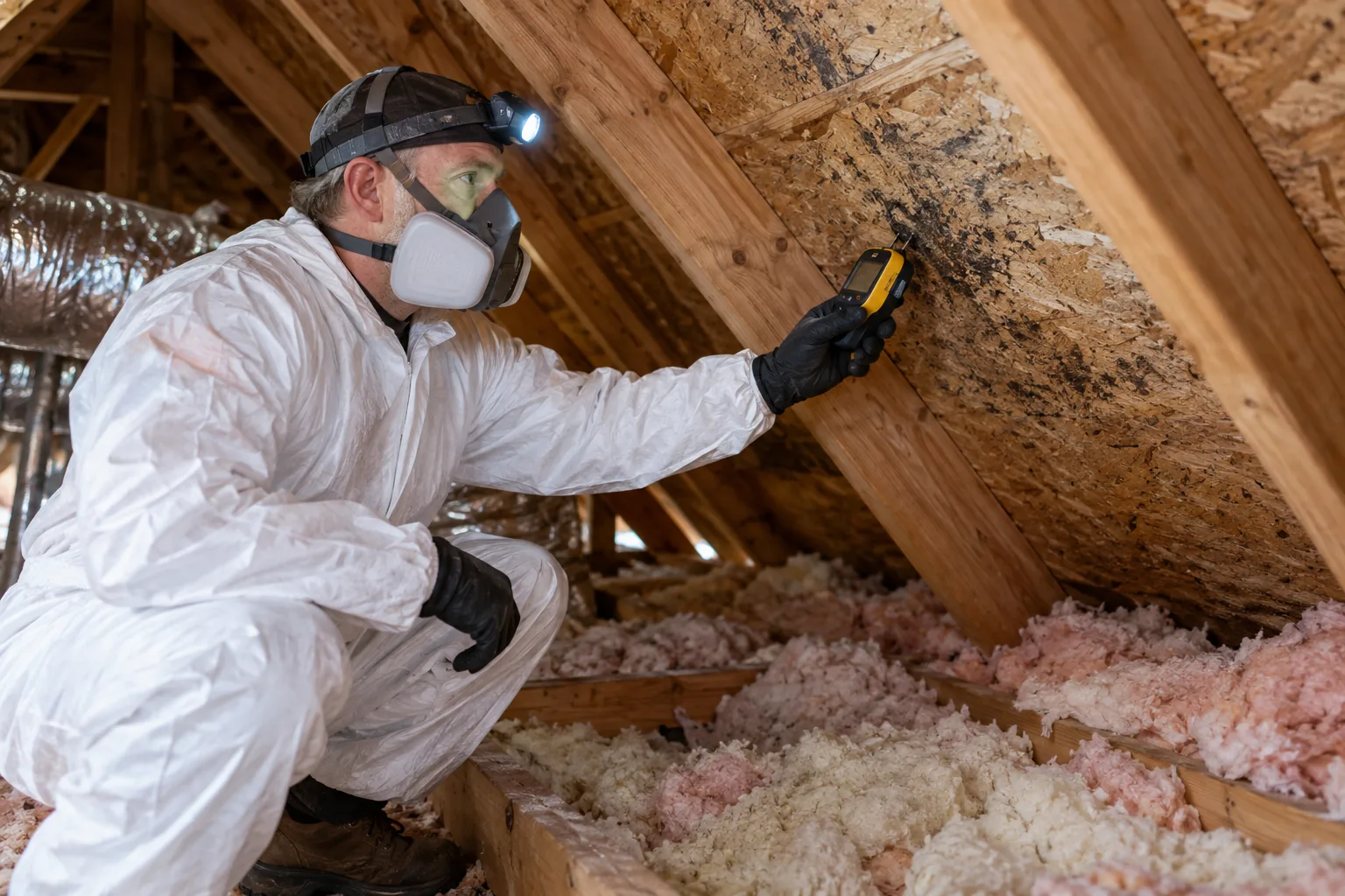 Inspector checking attic roof sheathing with a moisture meter