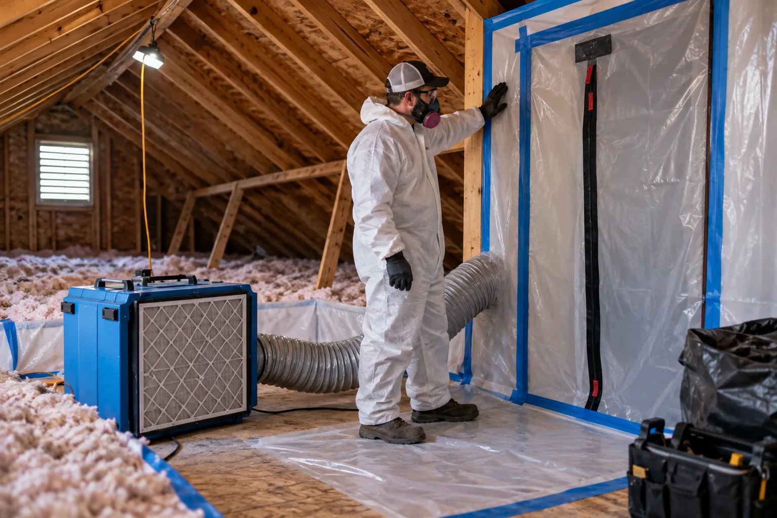 Attic remediation work area with containment and HEPA equipment