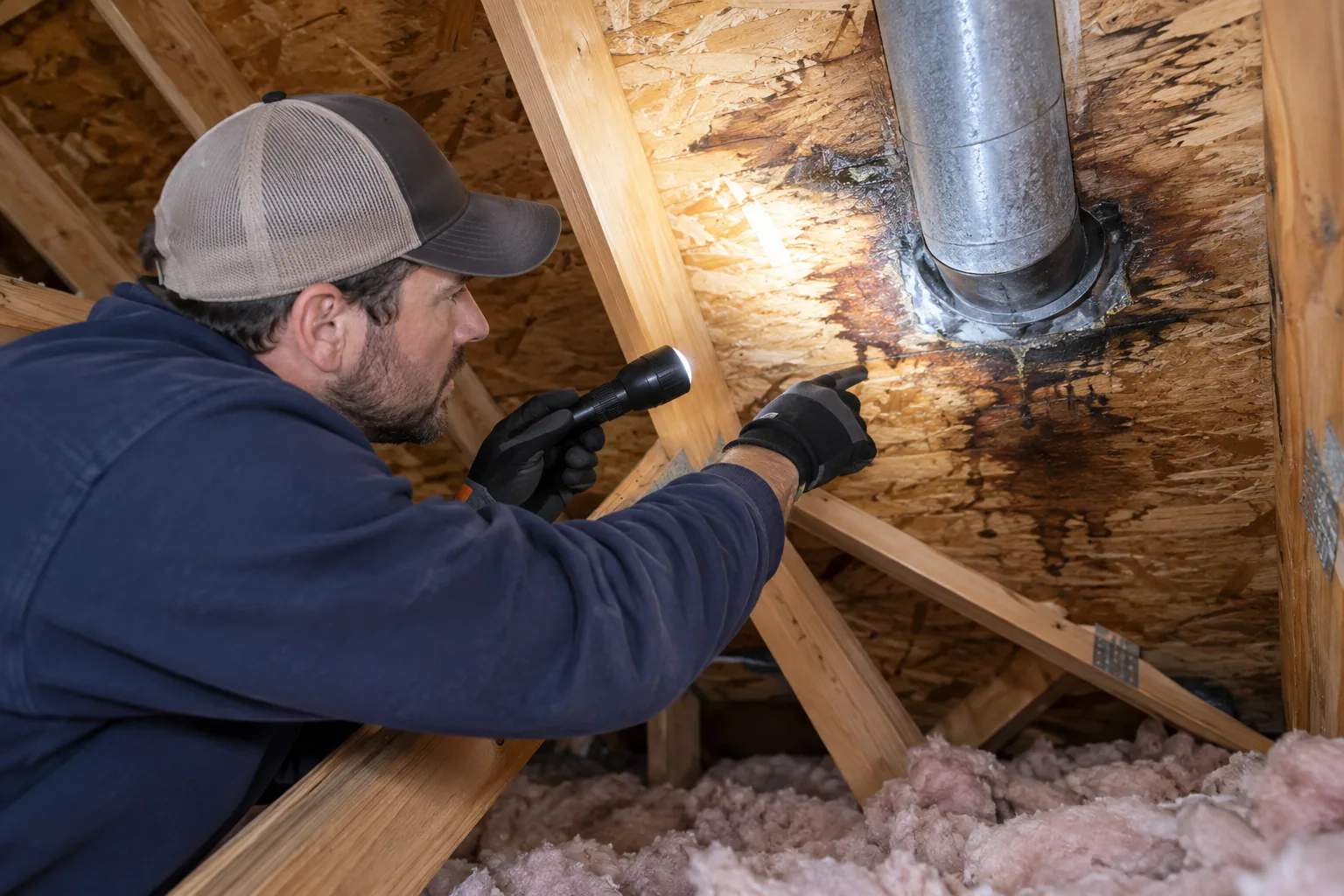 Inspector tracing an attic roof leak around a vent penetration