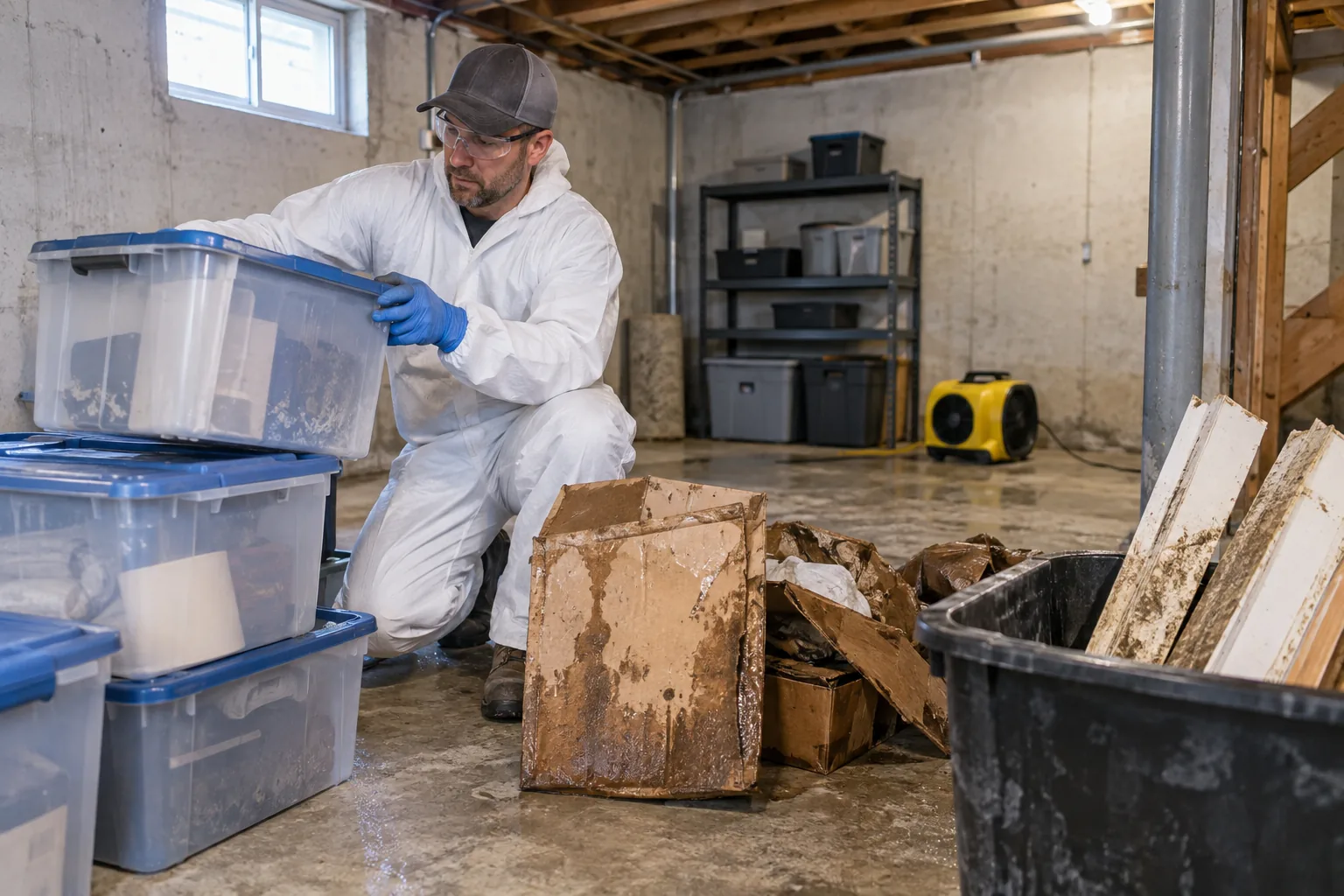 Technician sorting salvageable and damaged basement materials after water intrusion