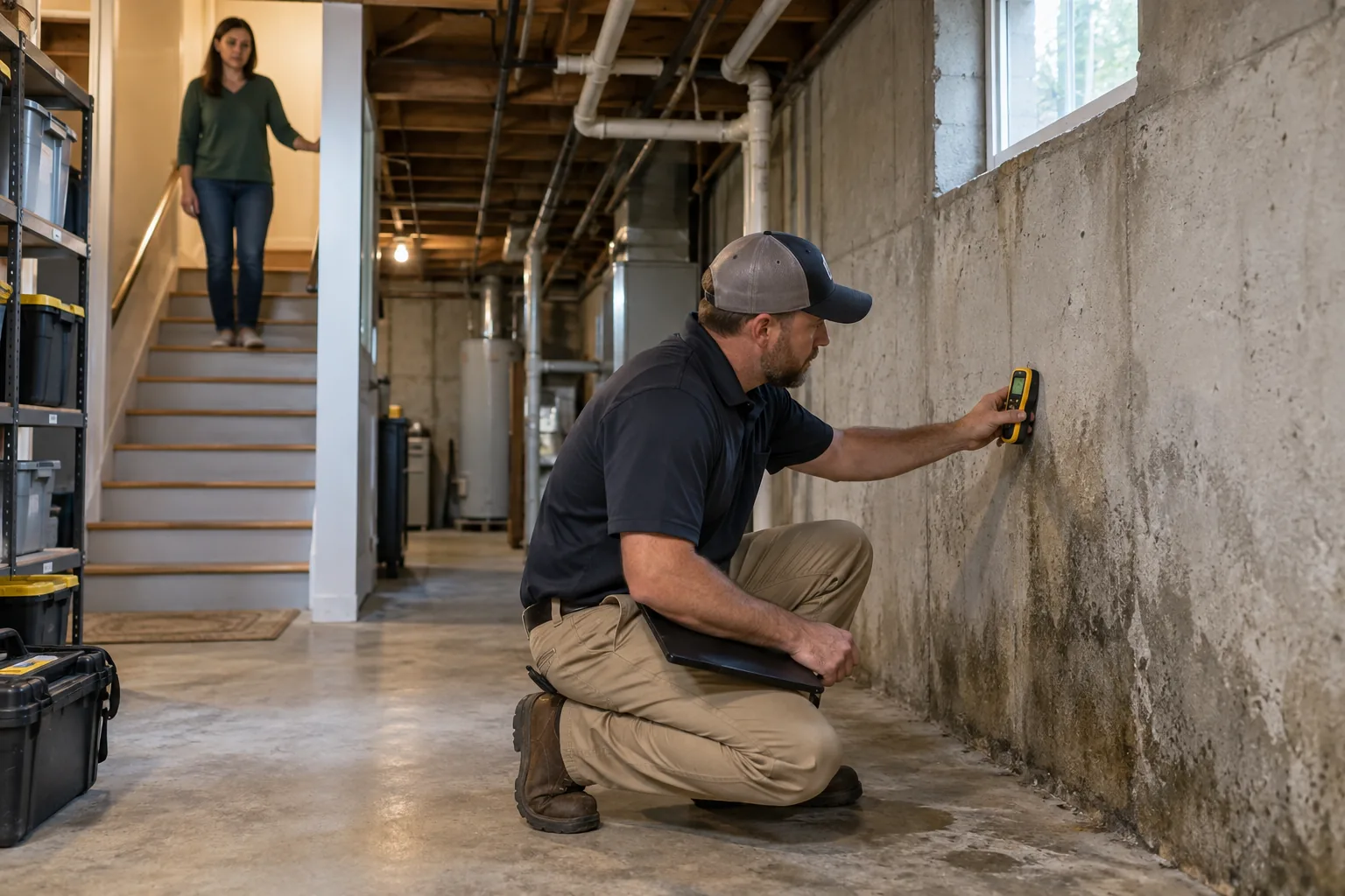 Inspector evaluating moisture along a basement foundation wall