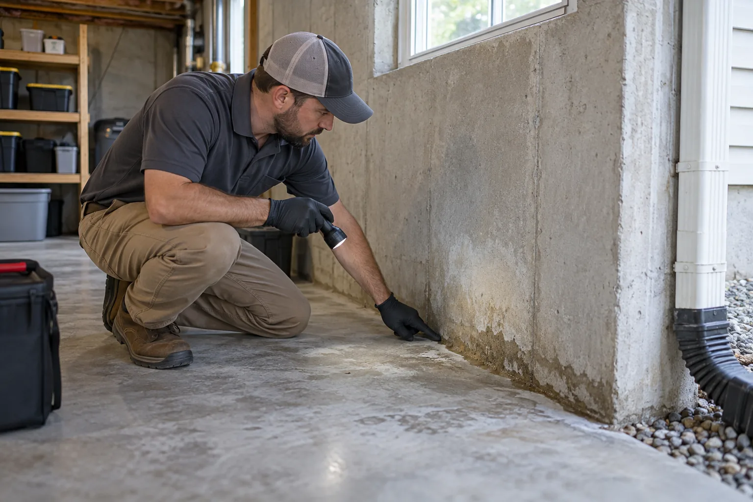 Inspector tracing water entry along a basement foundation wall and floor joint