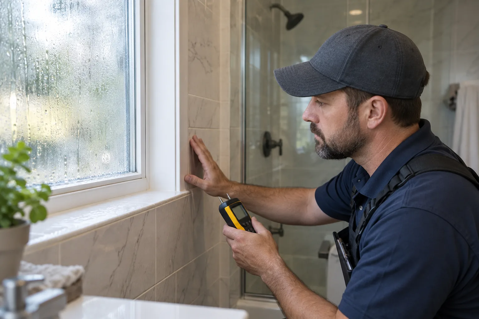 Condensation pattern on bathroom tile and window being inspected