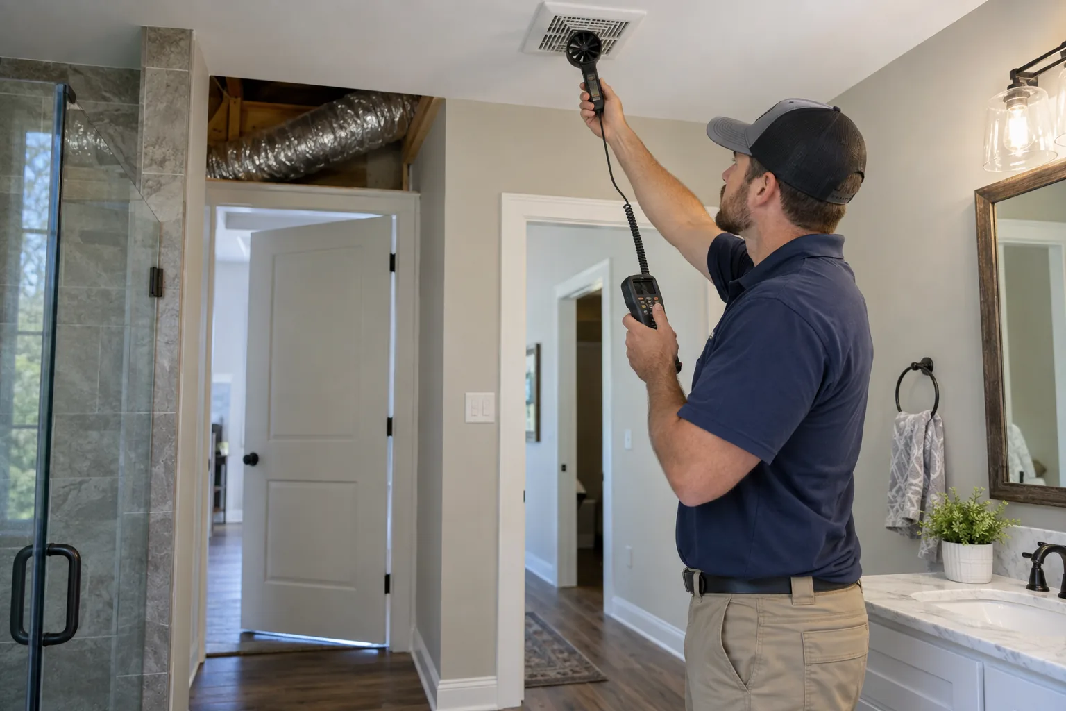 Technician testing bathroom exhaust fan airflow at the ceiling grille