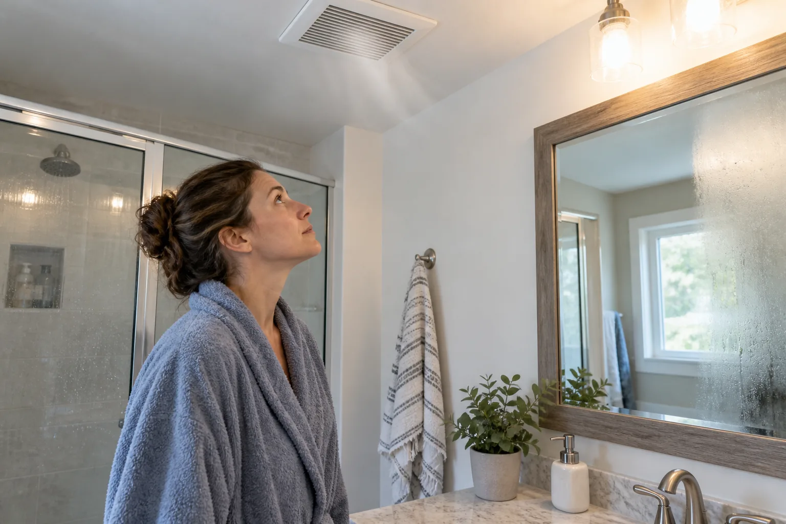 Homeowner checking bathroom exhaust airflow after a shower