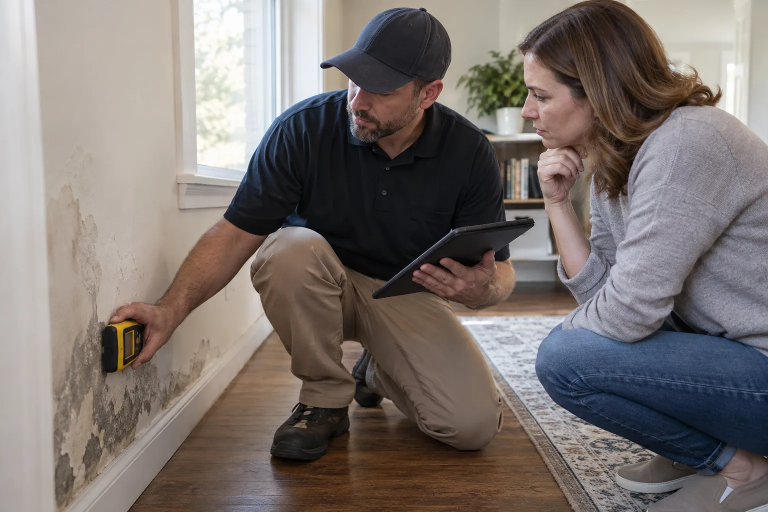 Bemis homeowner discussing inspection and remediation options with a provider