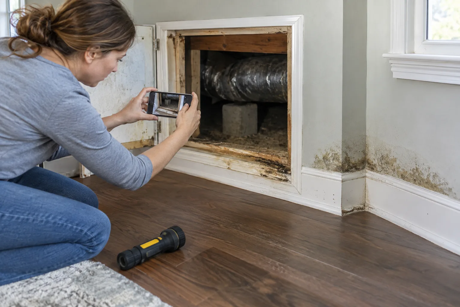 Bemis homeowner documenting a damp crawl-space access area