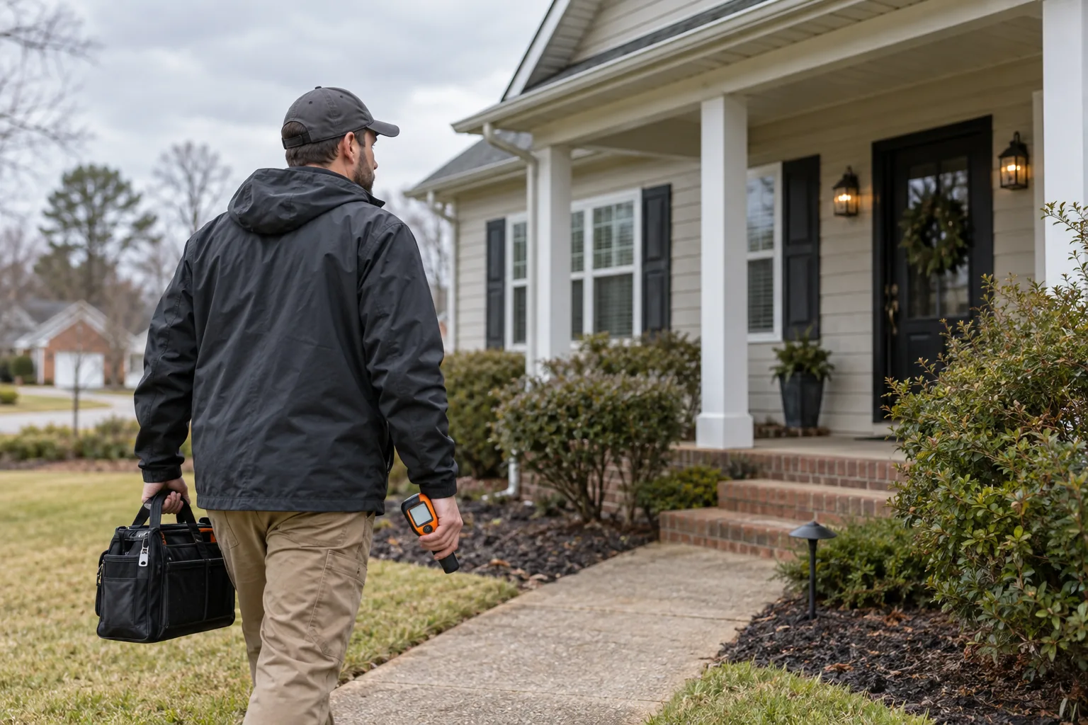 Inspector arriving at a modest Bemis home for a moisture assessment
