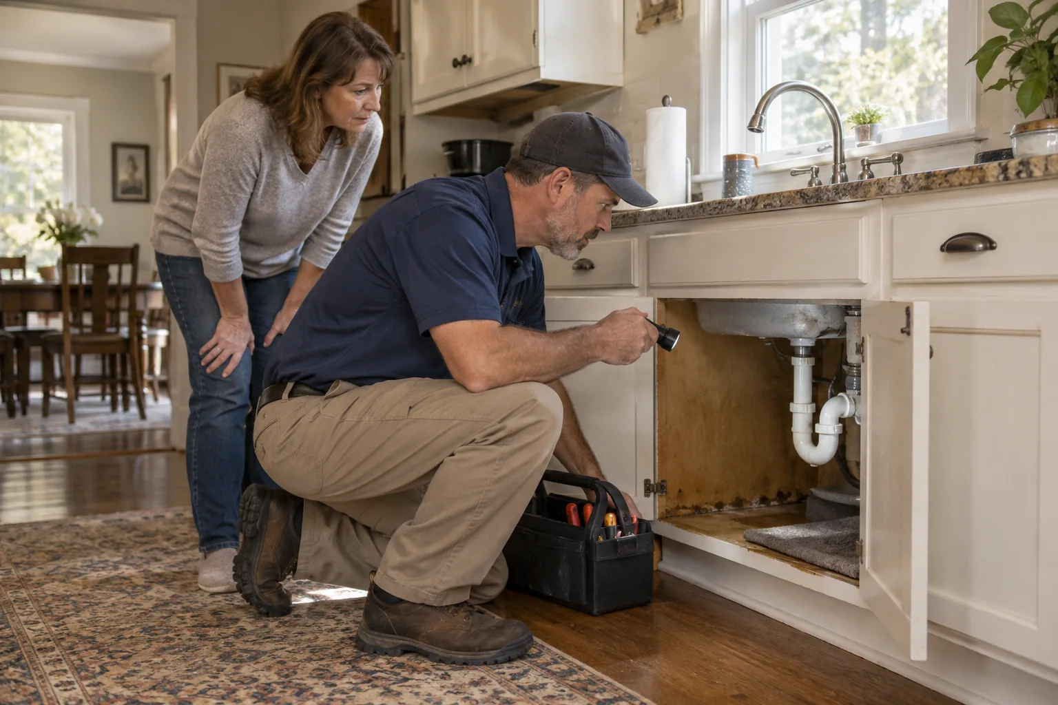 Inspector evaluating a plumbing leak in a Campbell Street home