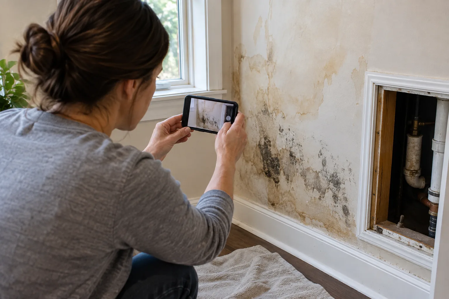 Campbell Street homeowner photographing a water-stained wall