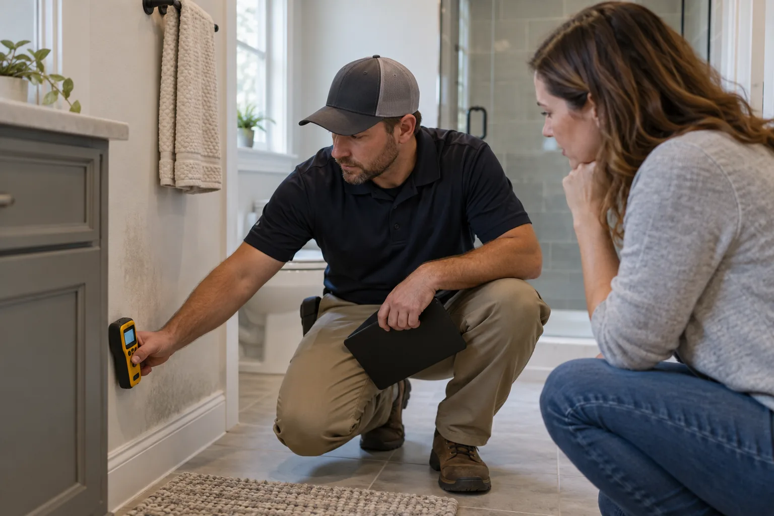 Homeowner and inspector deciding on the right mold service