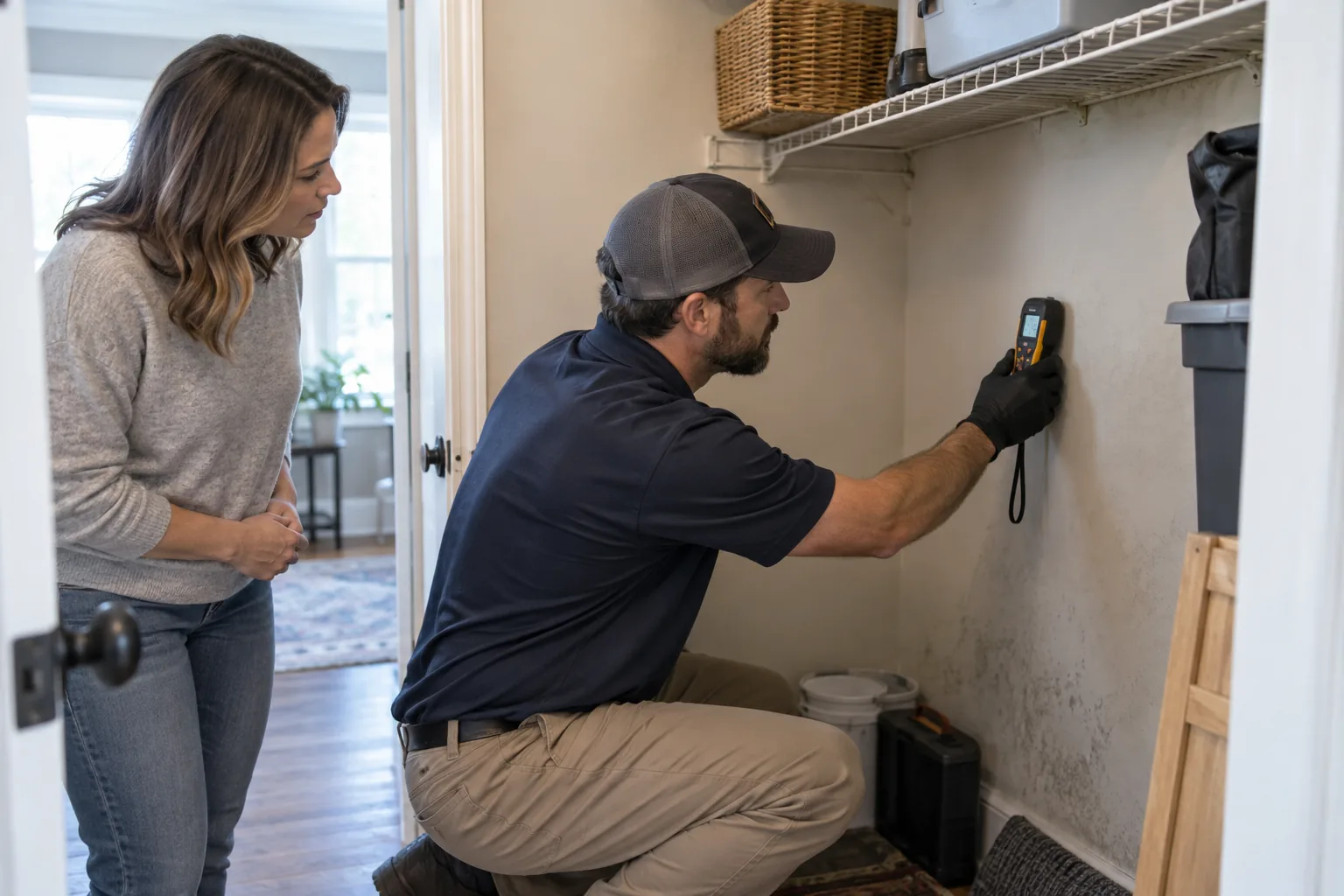 Inspector checking moisture in a Cloverdale home closet