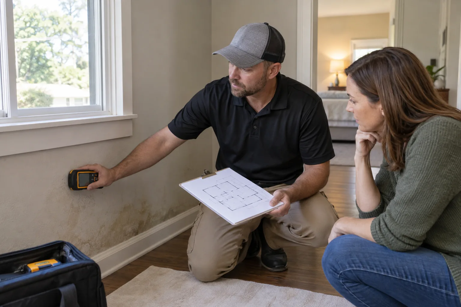 Inspector explaining moisture inspection options to a homeowner