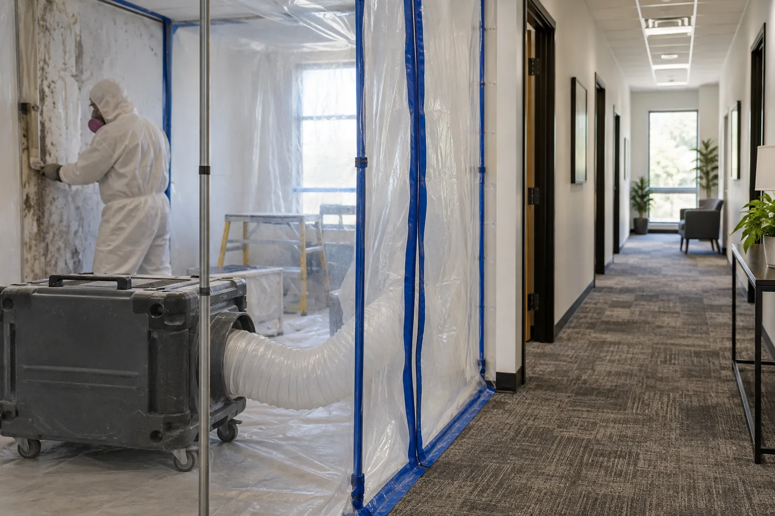 Sealed containment separating mold work from an active office corridor