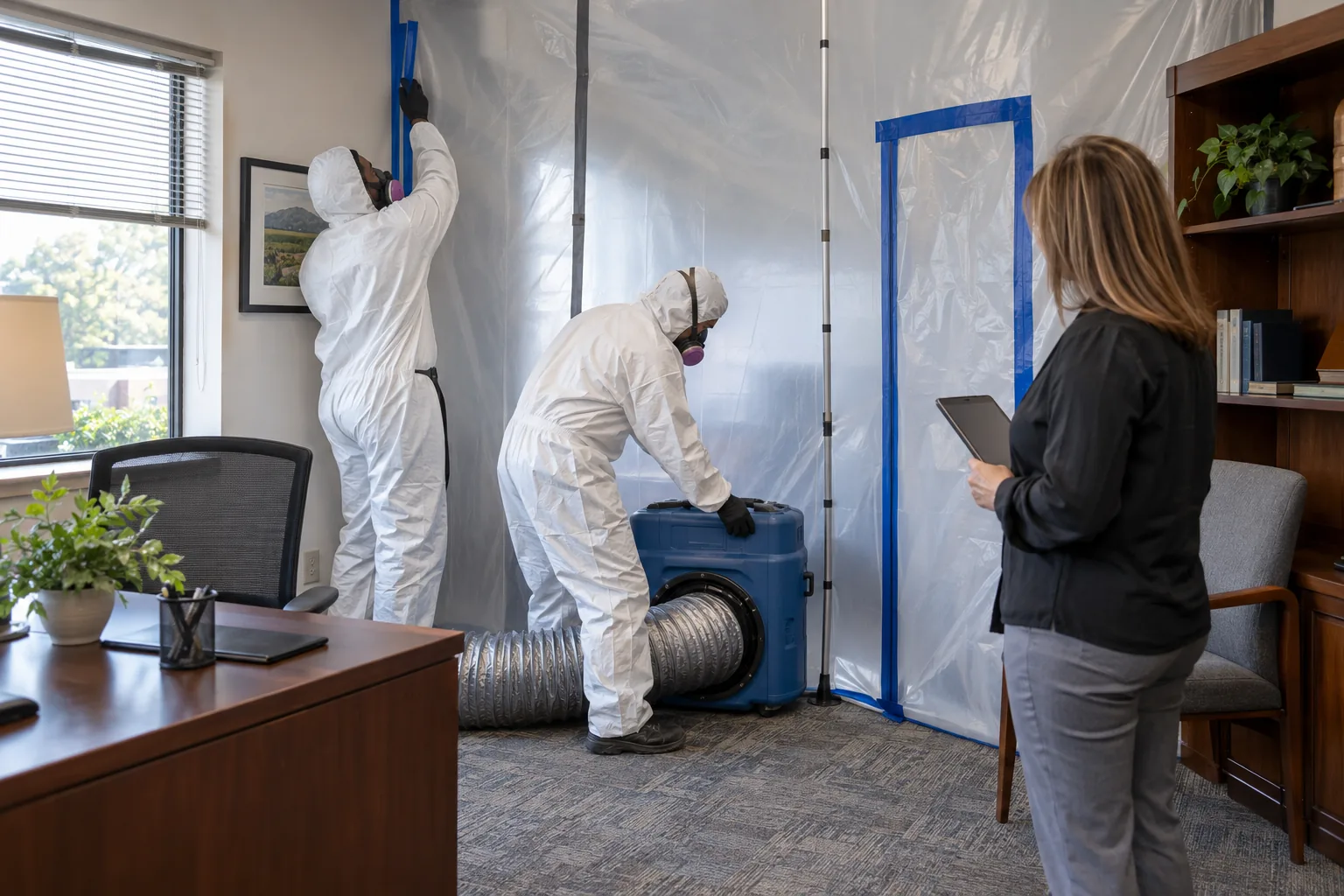 Commercial remediation technicians preparing containment in an occupied office