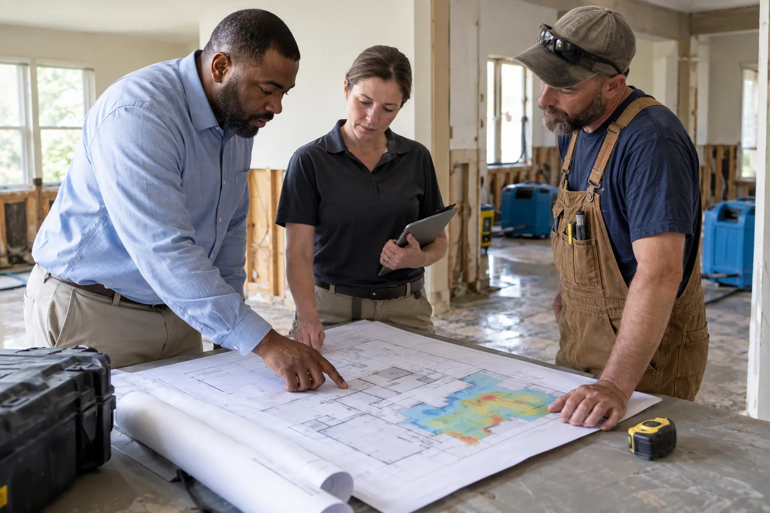 Facility manager and contractors defining roles before demolition