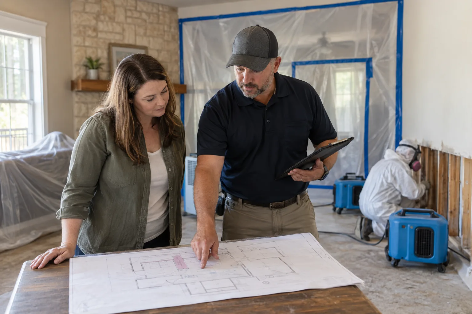 Homeowner and remediation supervisor reviewing a complete project scope