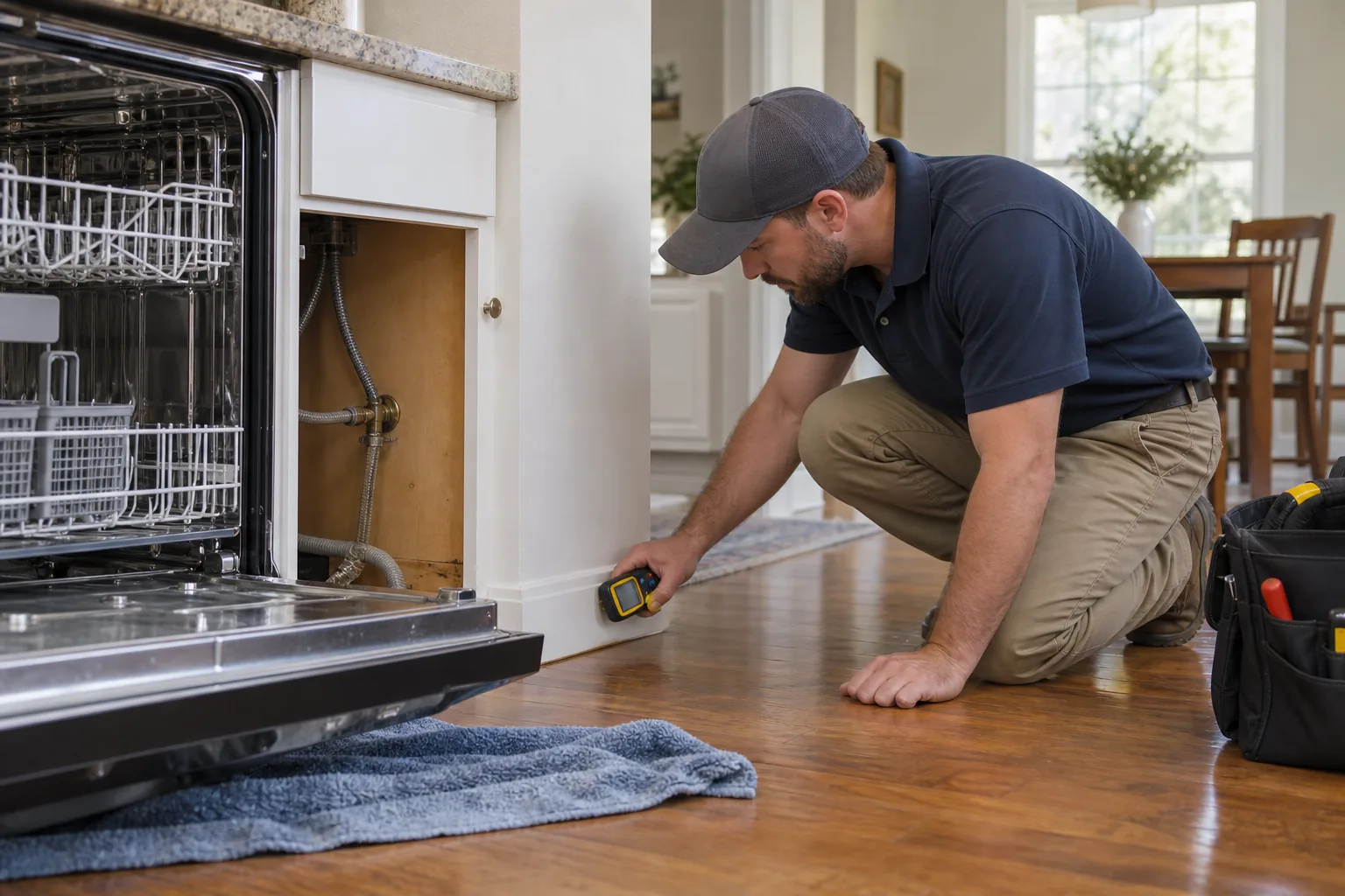 Inspector examining moisture after an appliance leak in a Conger Park home