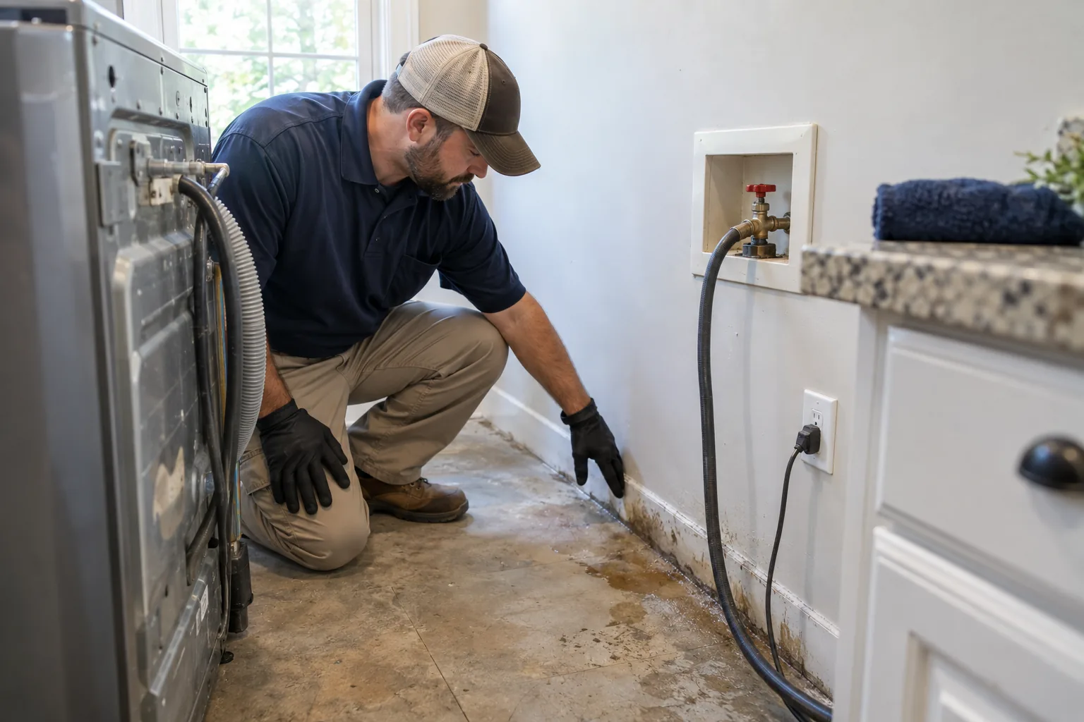 Conger Park homeowner photographing an appliance leak and damp flooring