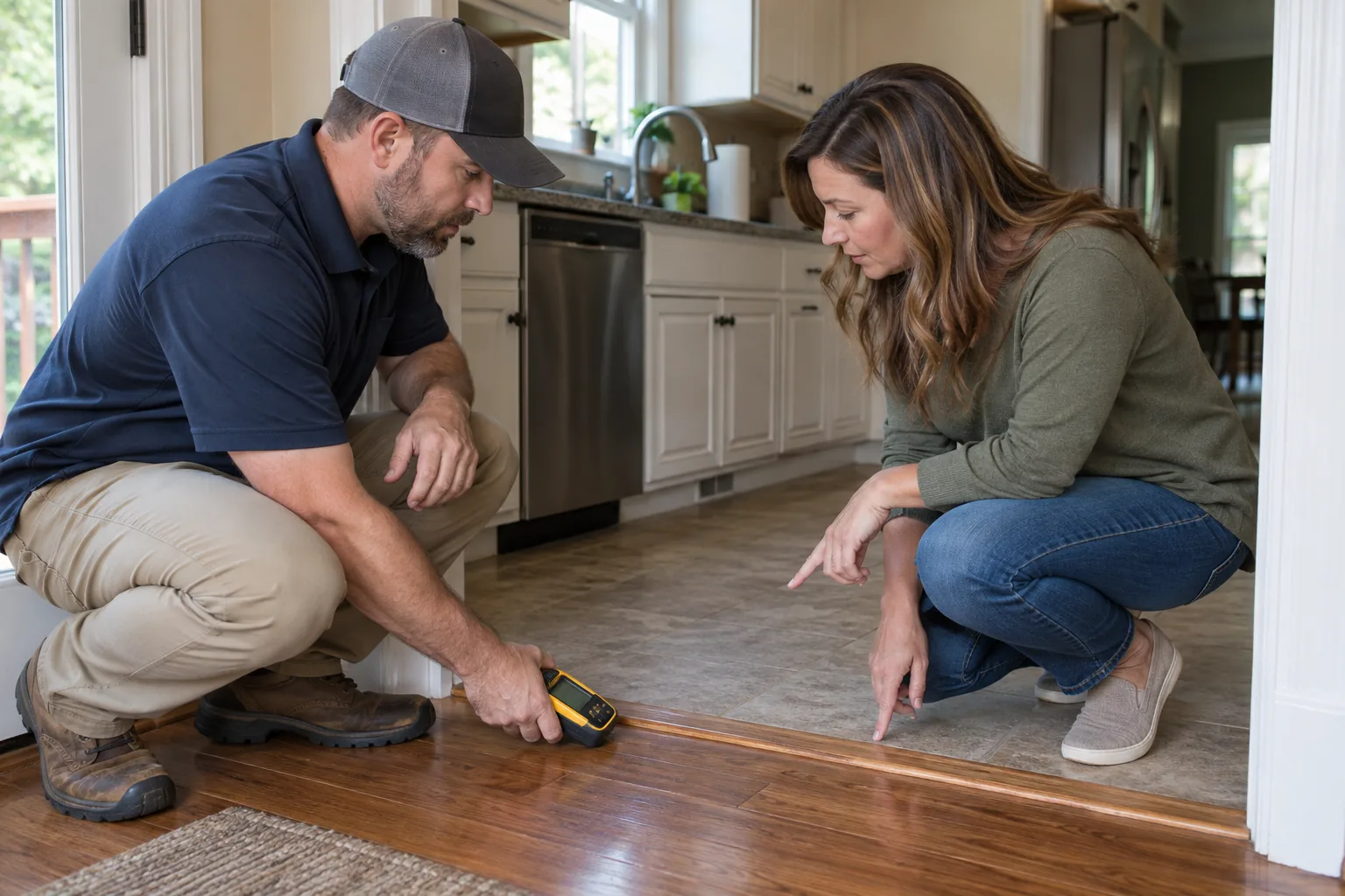 Homeowner comparing inspection and remediation needs with a provider