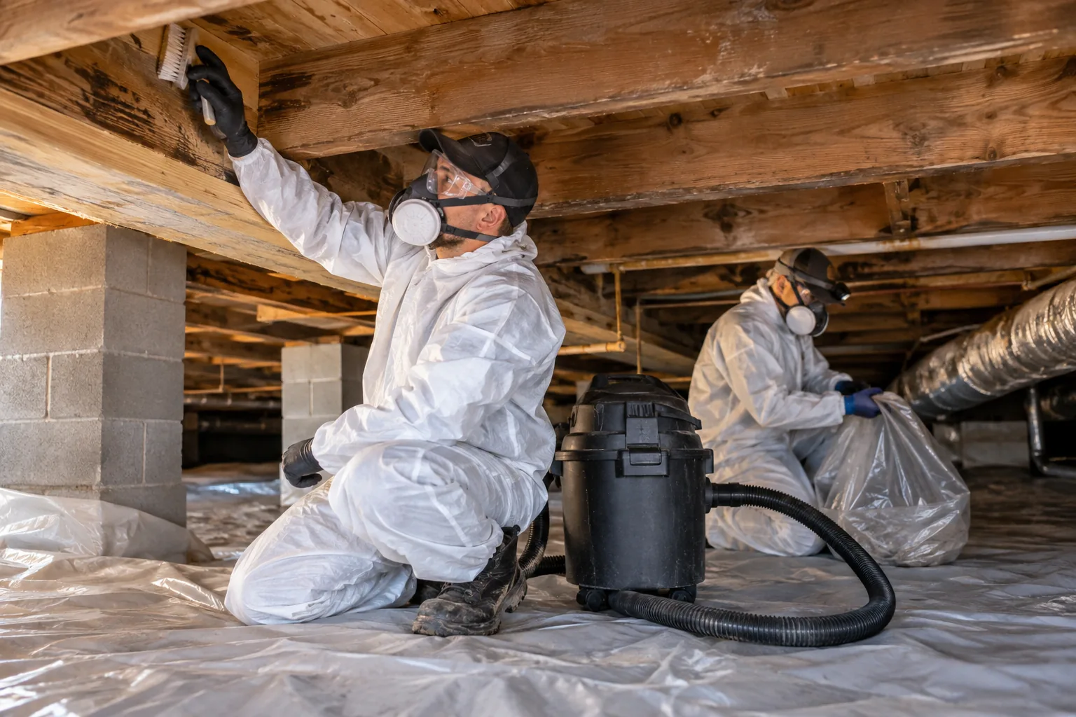 Technicians performing controlled crawl-space remediation with HEPA equipment