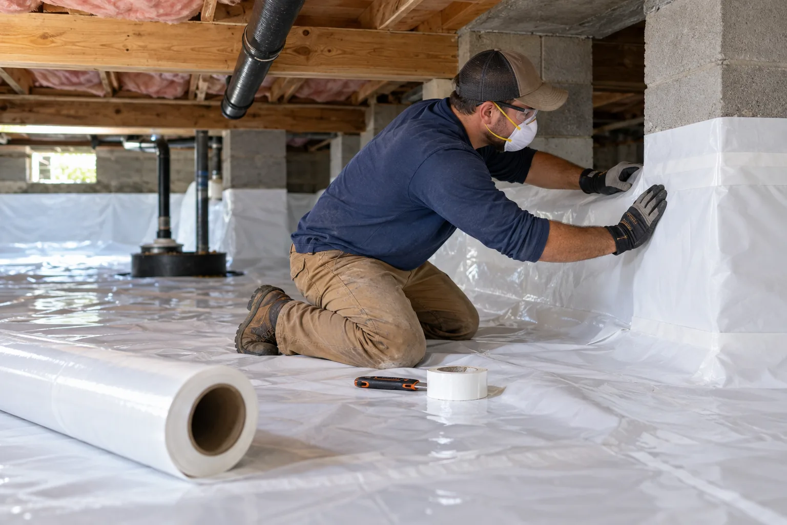 Technician installing a sealed crawl-space vapor barrier after moisture correction