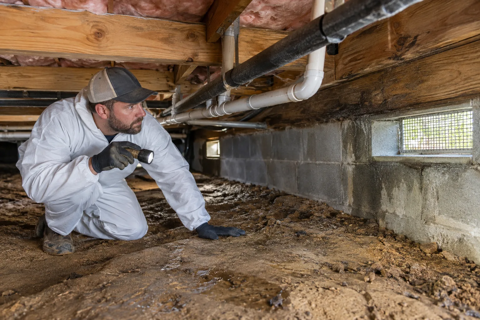 Inspector identifying ground moisture and drainage issues in a crawl space