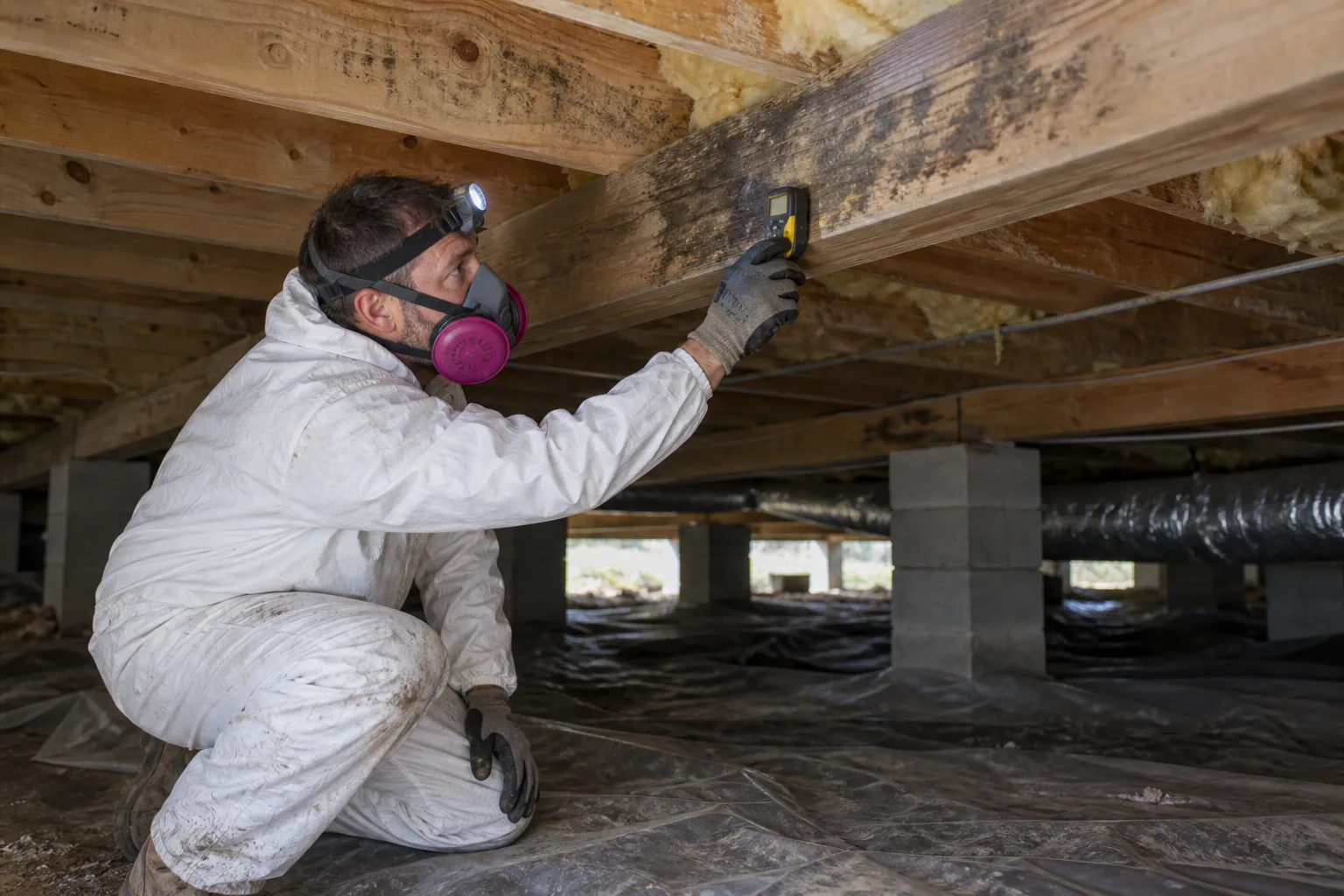 Crawl-space inspector measuring damp wood framing beneath a Jackson home