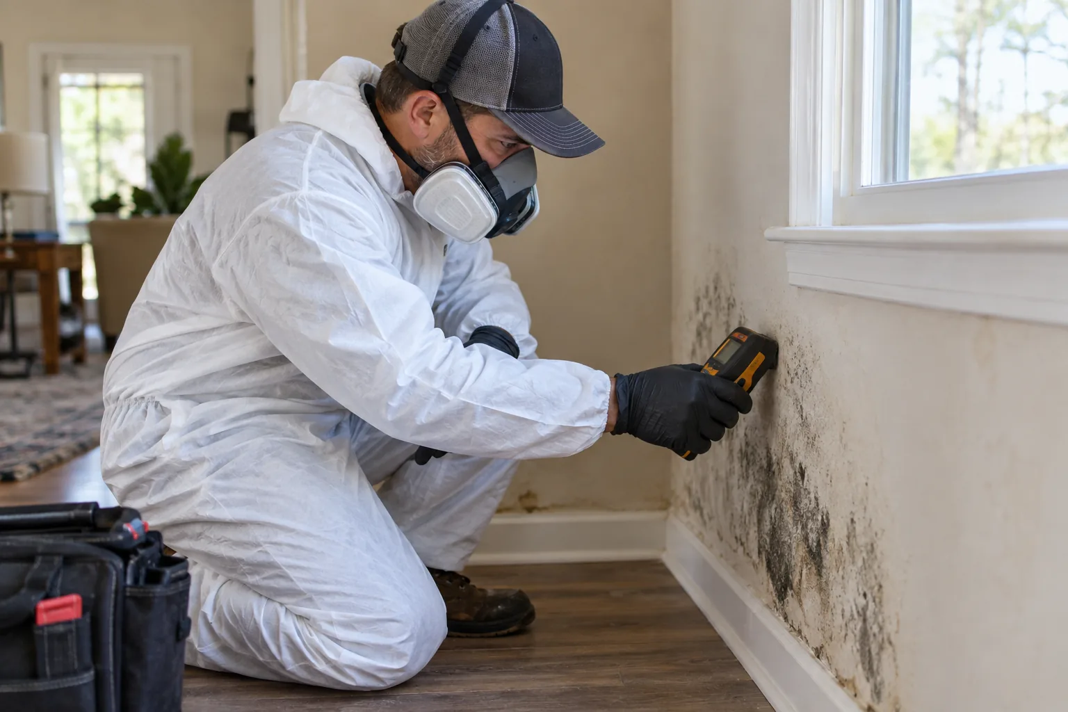Remediation inspector evaluating dark mold growth without relying on color alone