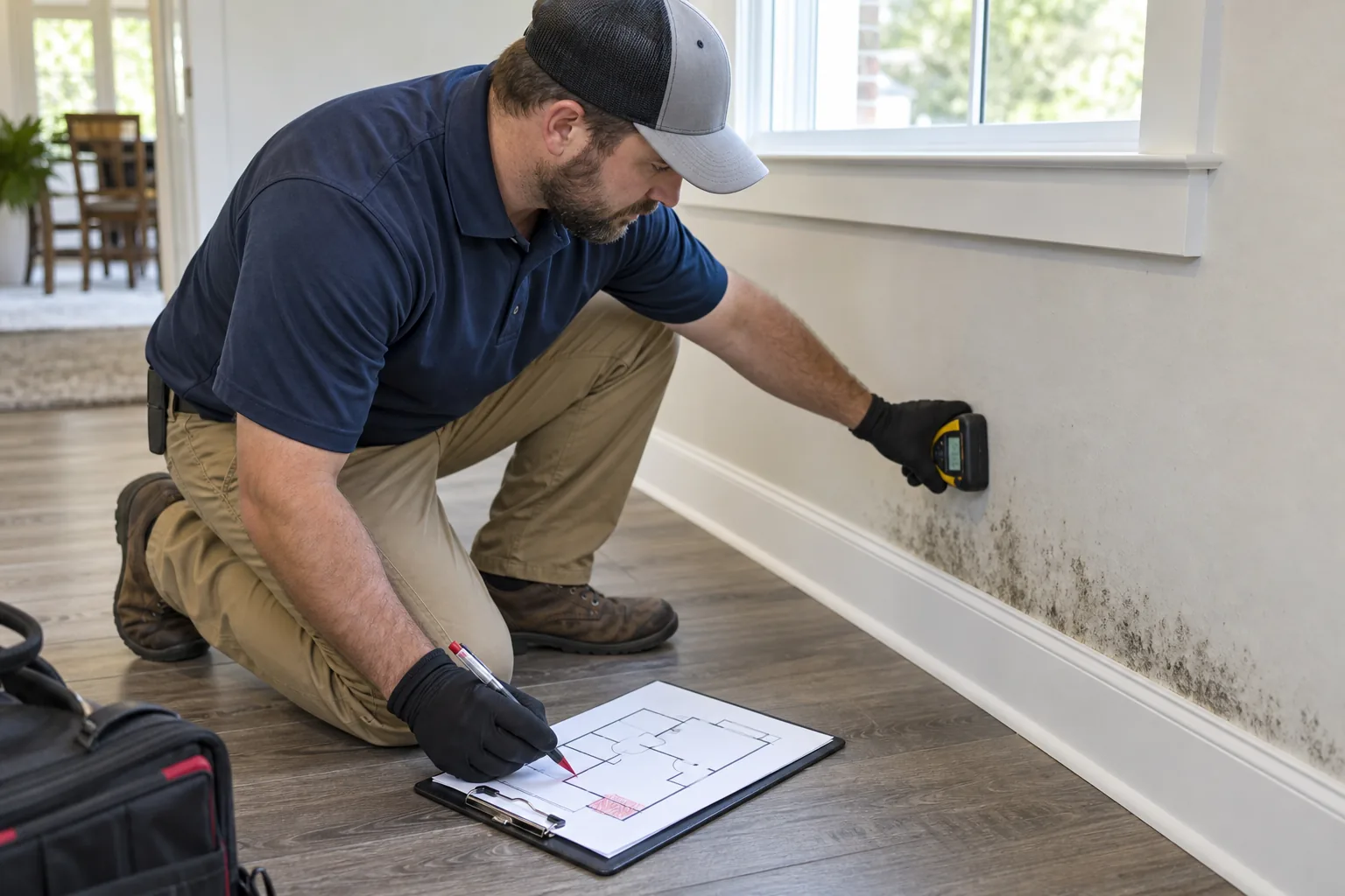 Inspector mapping moisture and affected materials before remediation
