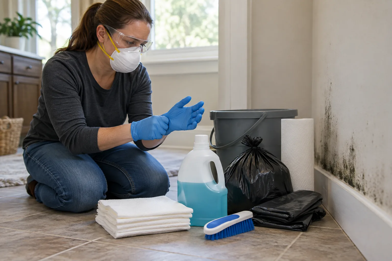 Protective equipment and cleanup supplies arranged for a small mold job