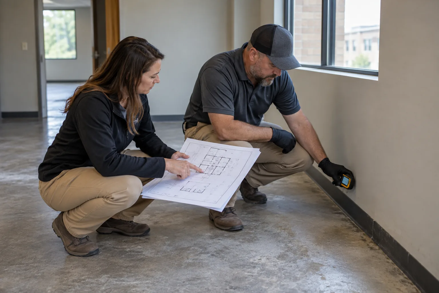 Property manager reviewing inspection and remediation boundaries with a provider