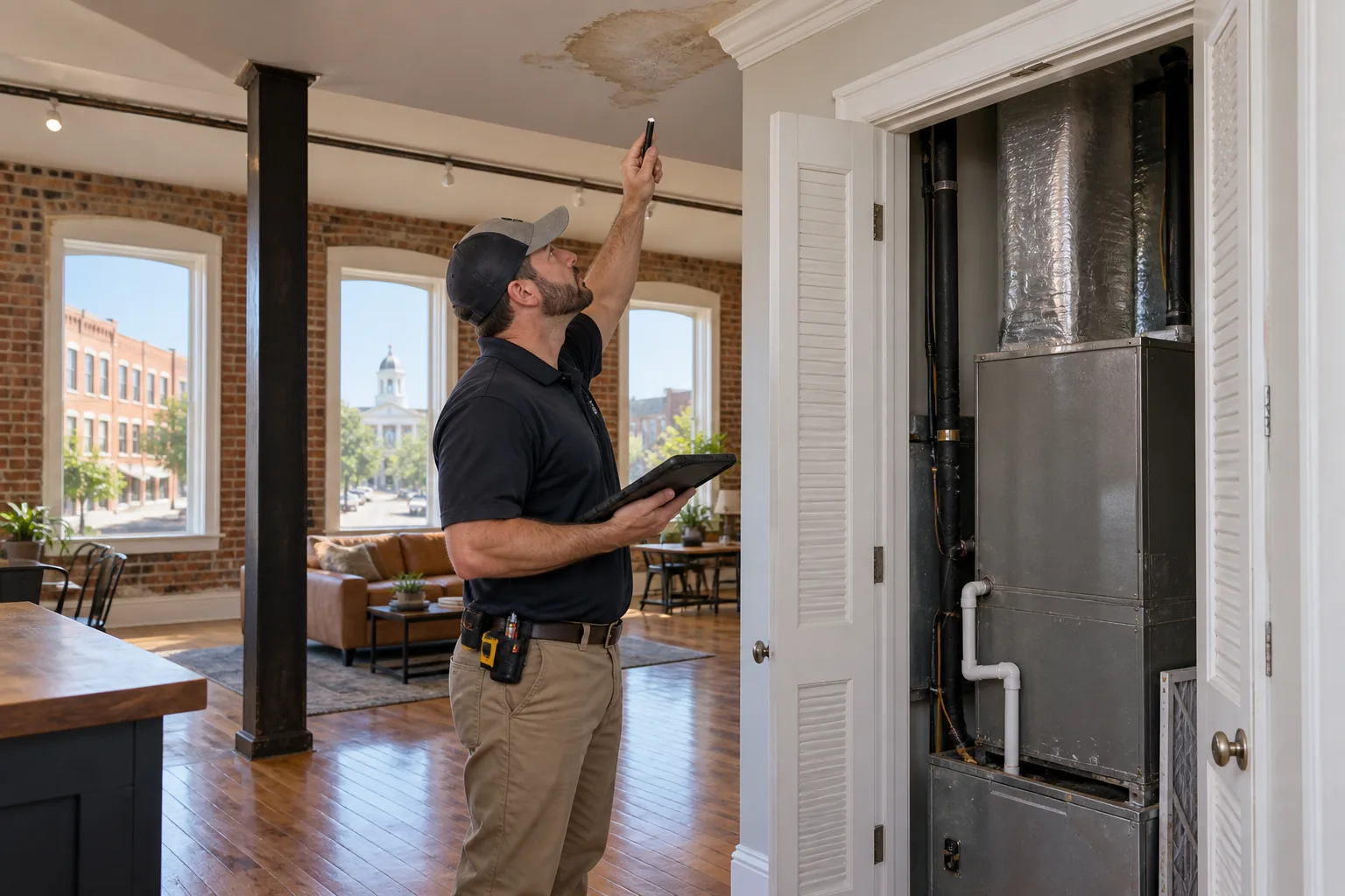 Inspector assessing moisture inside a downtown Jackson commercial property