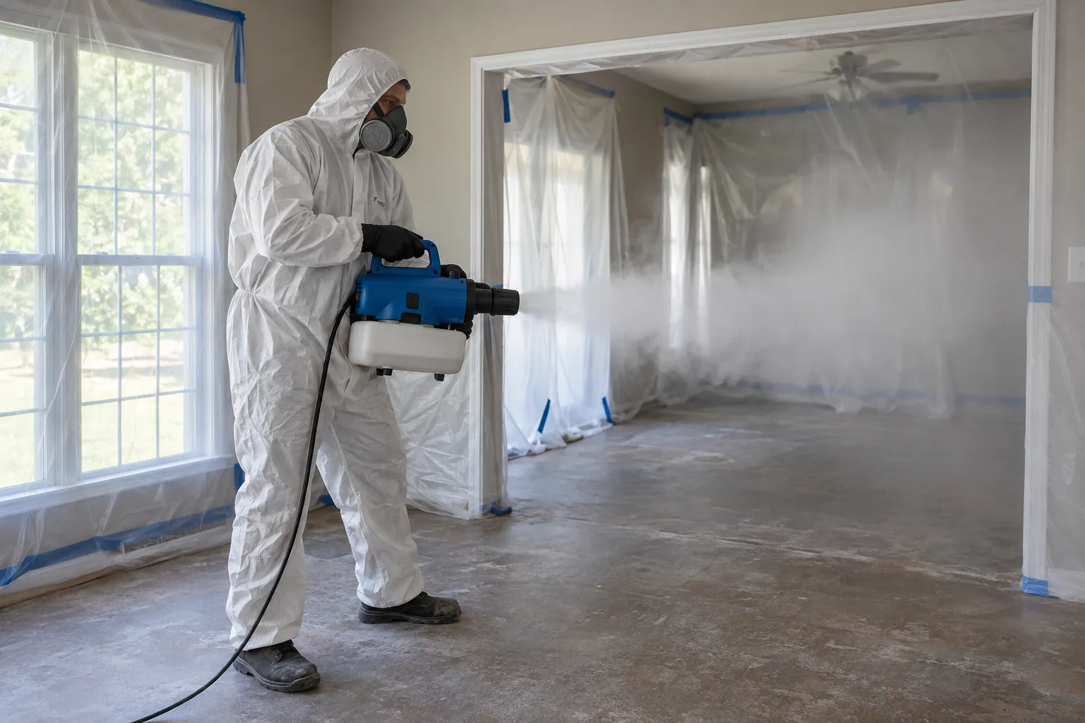 Technician applying dry fog inside a controlled empty work area