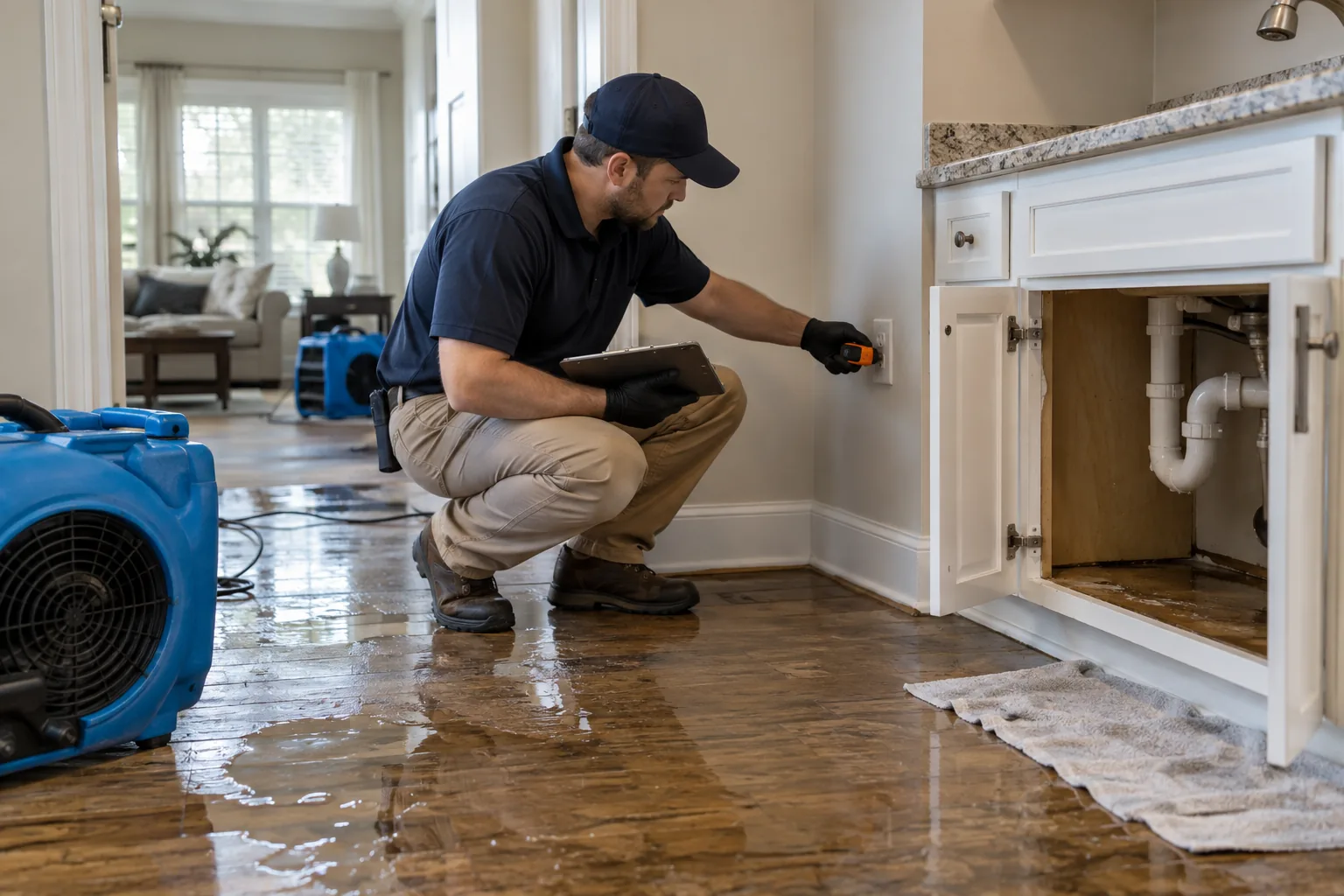 Water-damage technician responding to a fresh leak in a Jackson home