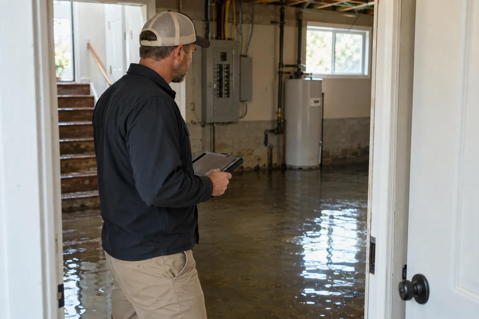 Professional checking electrical and structural hazards before entering a flooded room