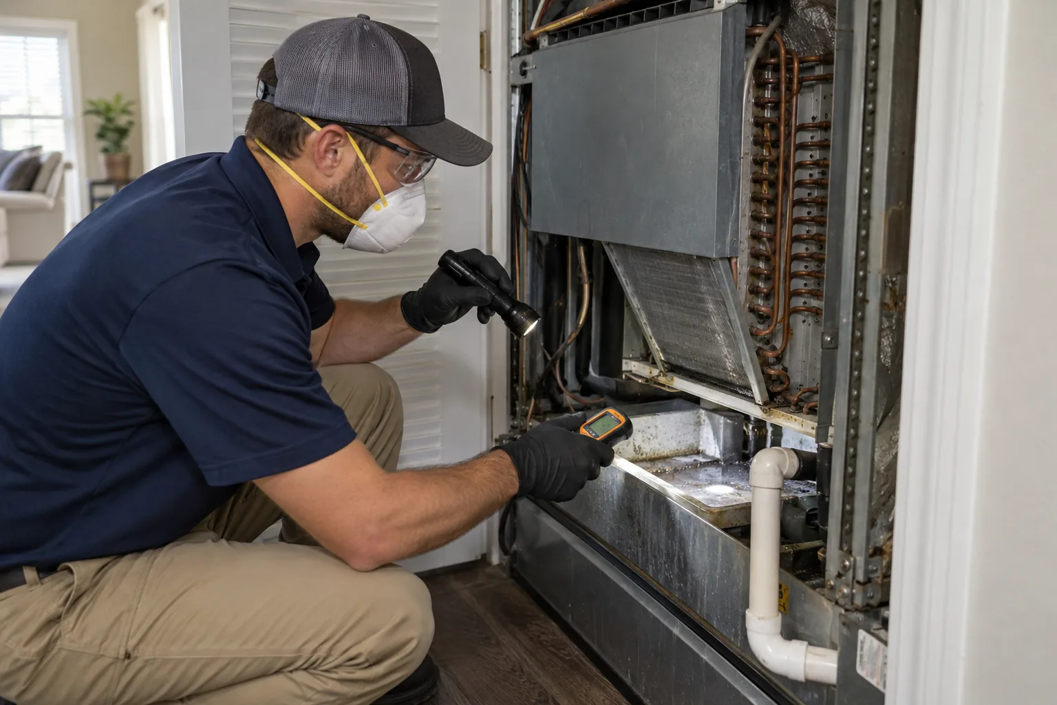 Technician using HEPA equipment during controlled HVAC cleaning