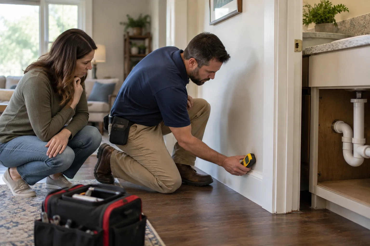 Moisture meter finding hidden dampness behind a clean-looking wall