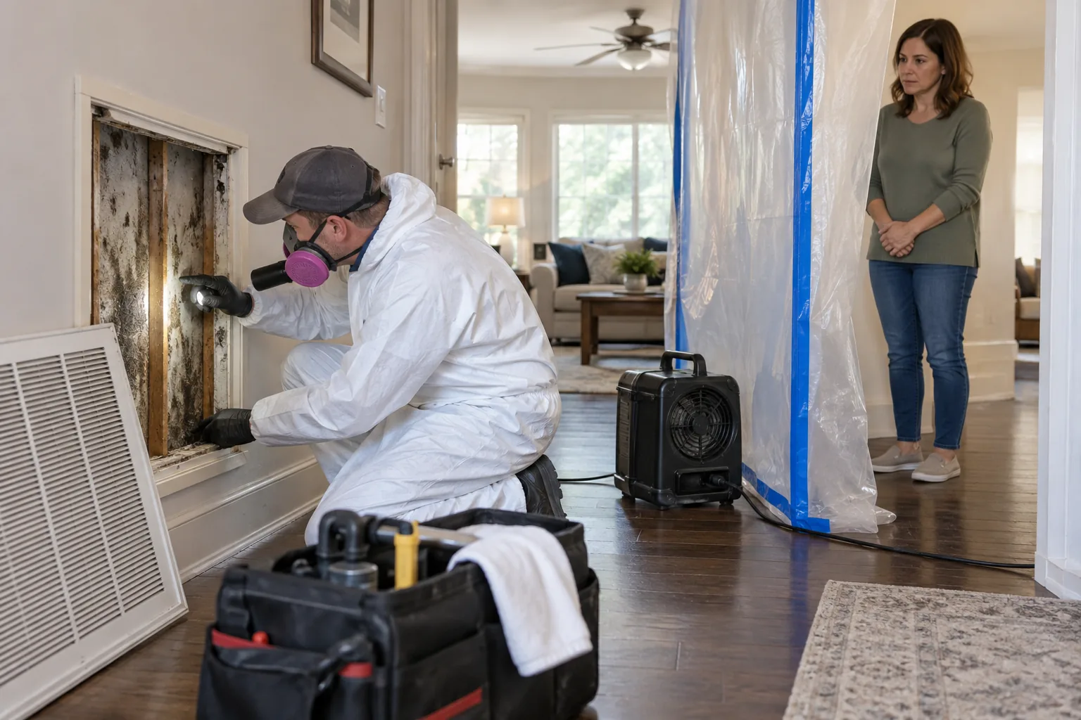 Qualified remediation professional assessing a complex mold project in Jackson