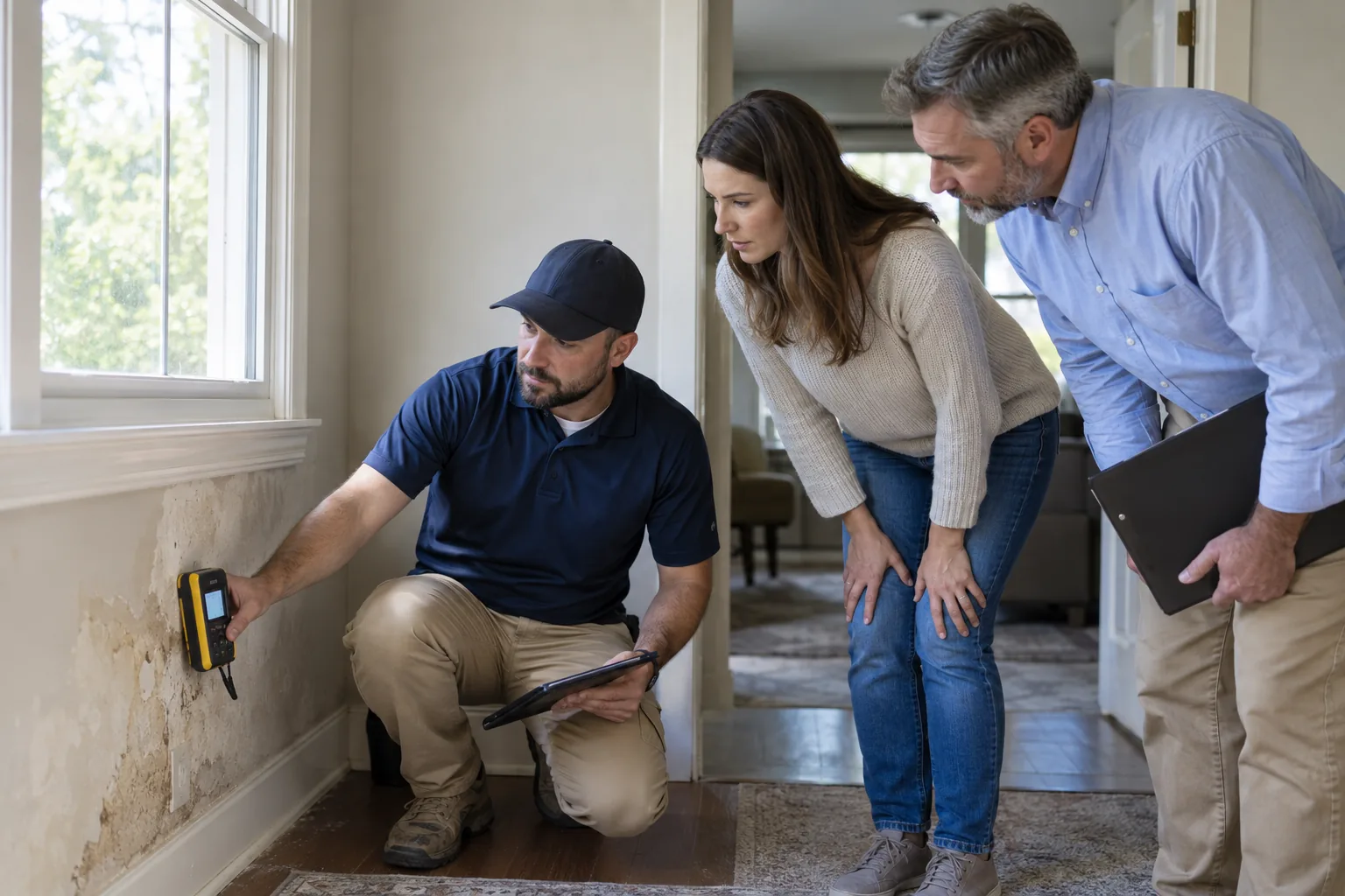 Tenant and property manager discussing the appropriate mold service with an inspector