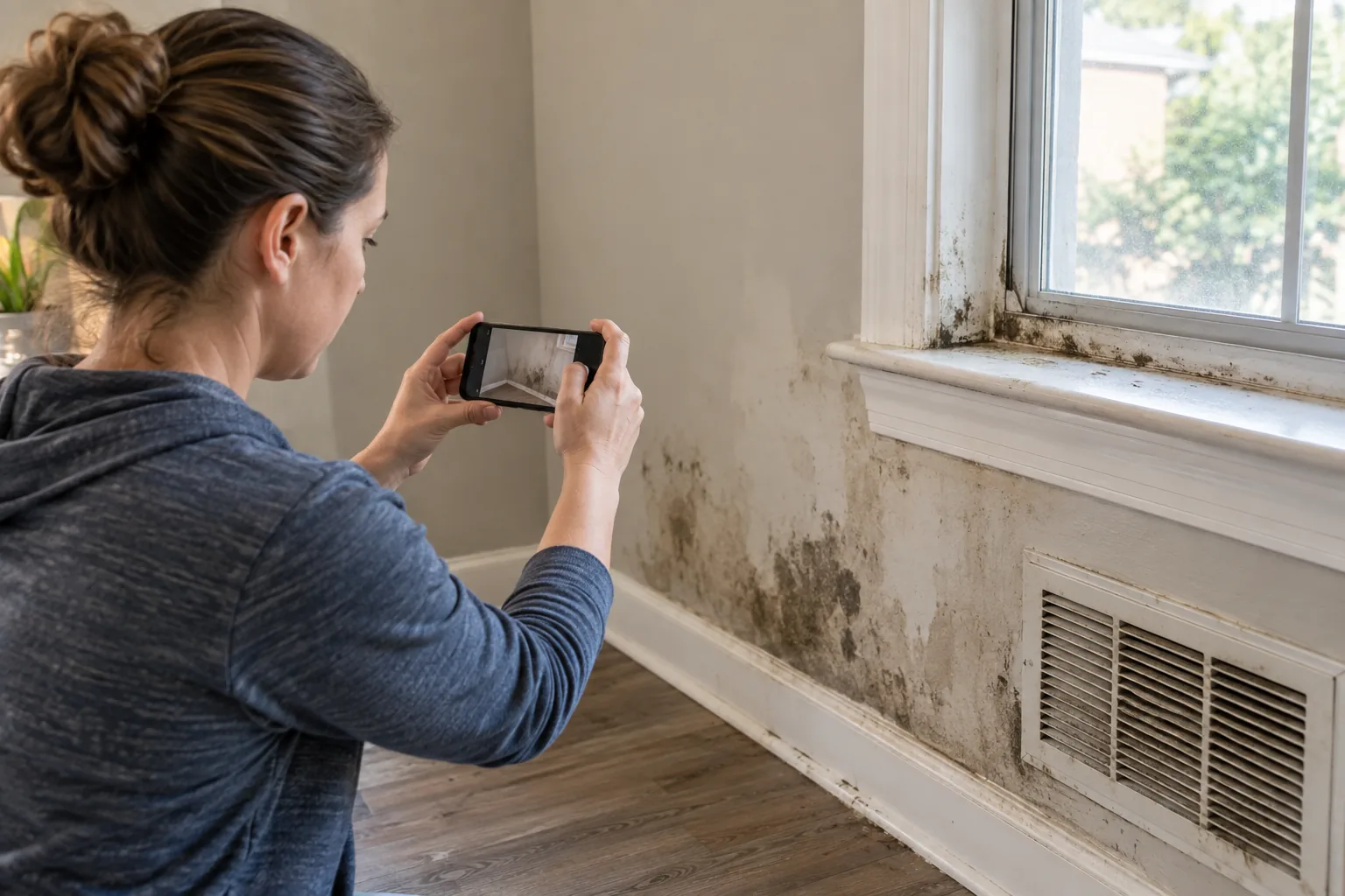 Tenant documenting wall staining and the wider room condition