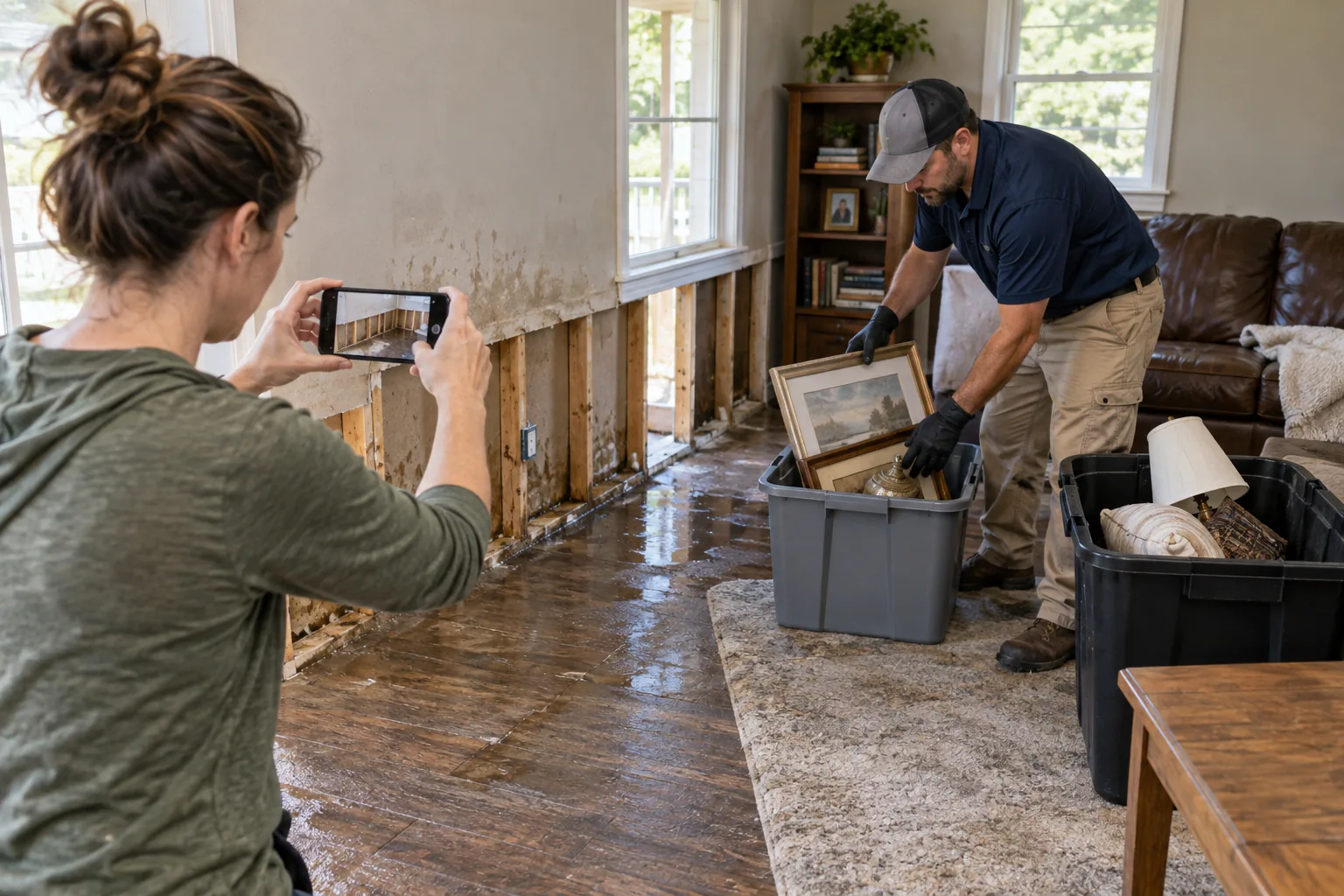 Homeowner photographing flood-damaged materials before disposal