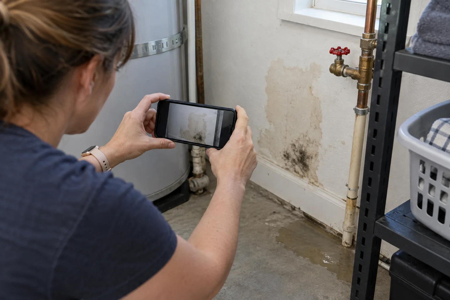 Homeowner photographing a damp wall and plumbing leak before mold cleanup