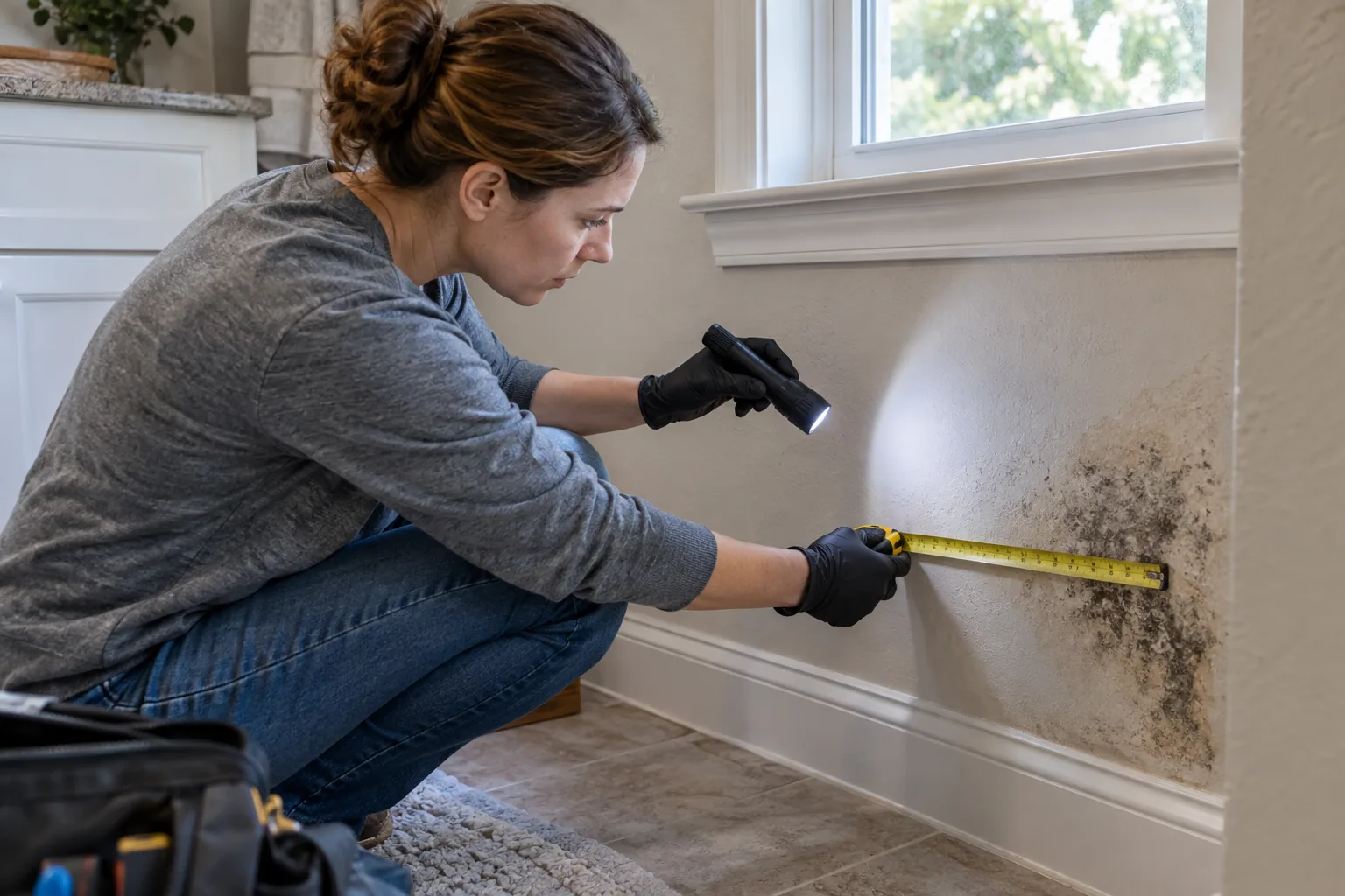 Homeowner measuring the size of a small mold-affected area