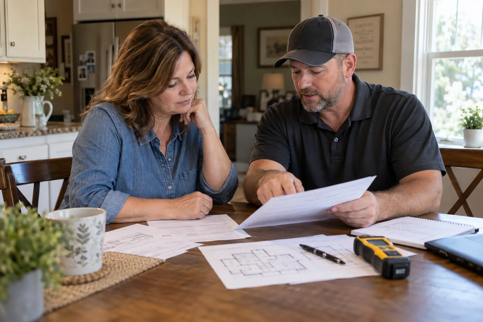 Homeowner and remediation estimator reviewing a written mold project scope at a kitchen table