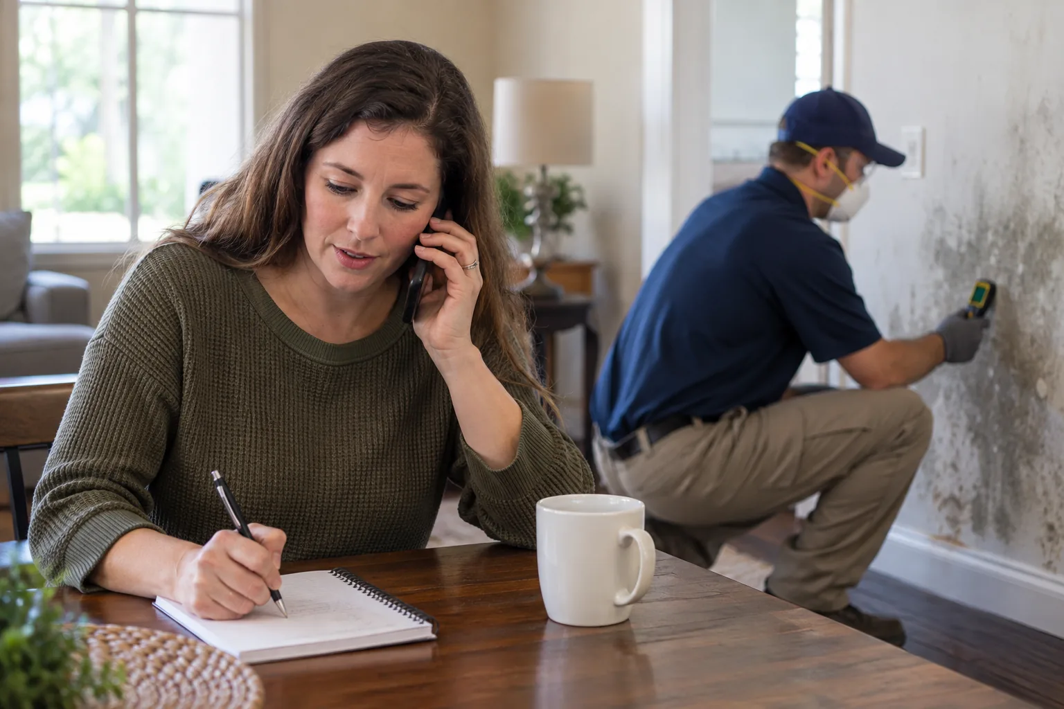 Homeowner writing down service provider details during a phone call