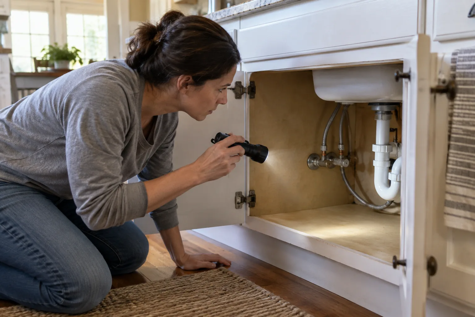 HVAC technician inspecting an air handler for moisture and mold conditions