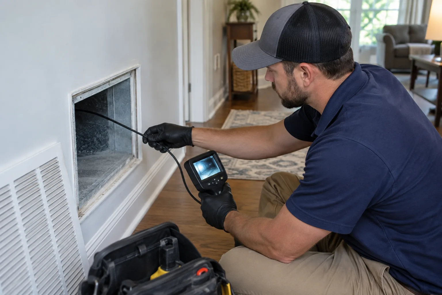Technician inspecting an HVAC duct interior with a borescope