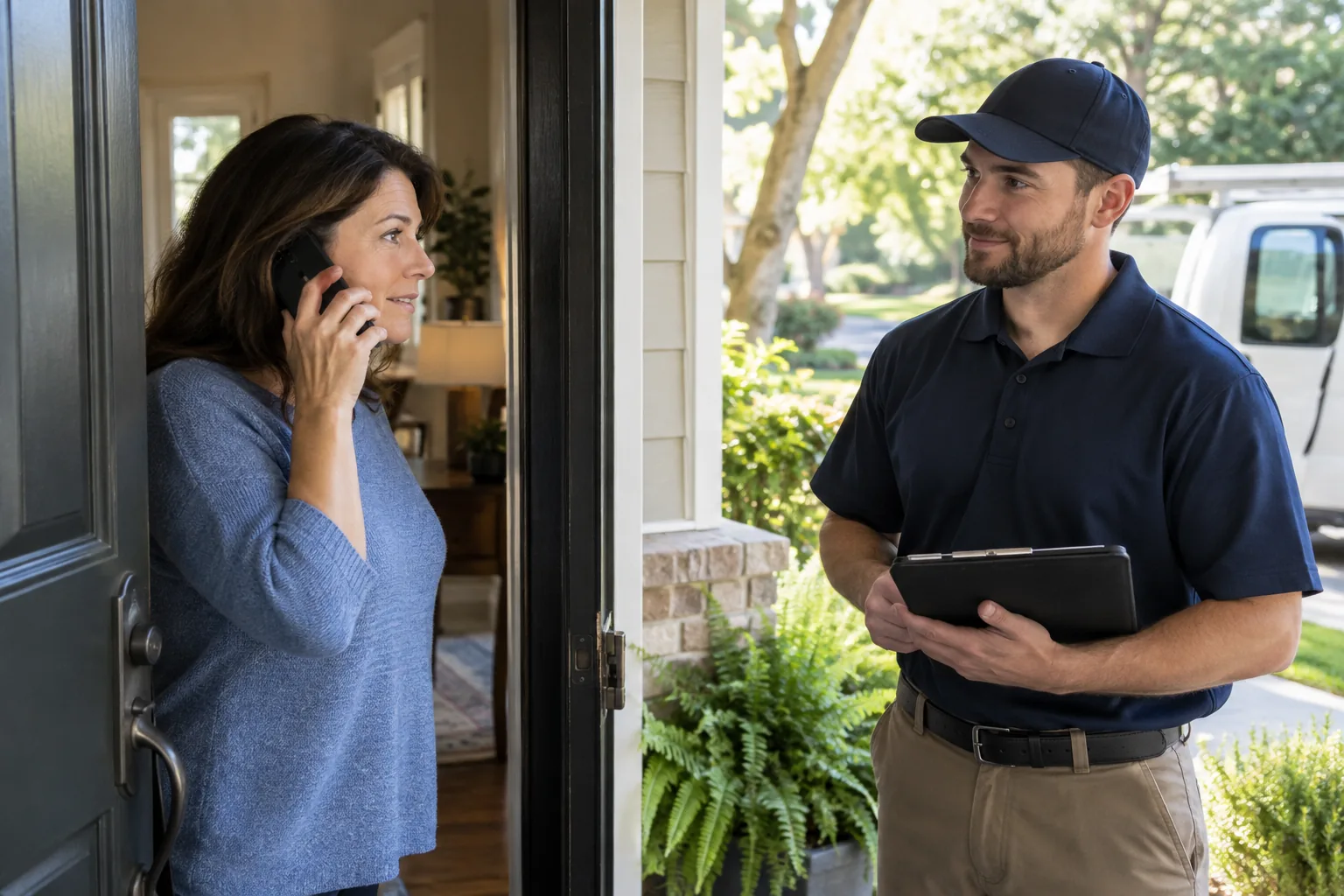 Homeowner confirming the identity of an independent service provider by phone